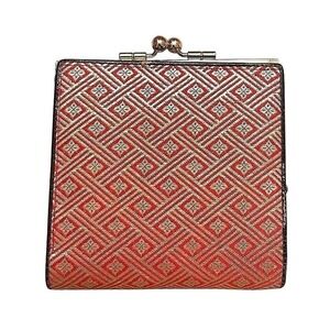 Vintage Japanese Silk Brocade Kisslock Wallet Red Gold Geometric Kimono Fabric